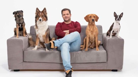 Mann sitzt mit vier Hunden auf der Couch.