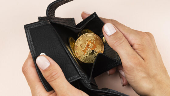 Symbolisch für Bitcoin-Wallet. Frauenhände halten Geldbörse mir Bitcoints in Händen.